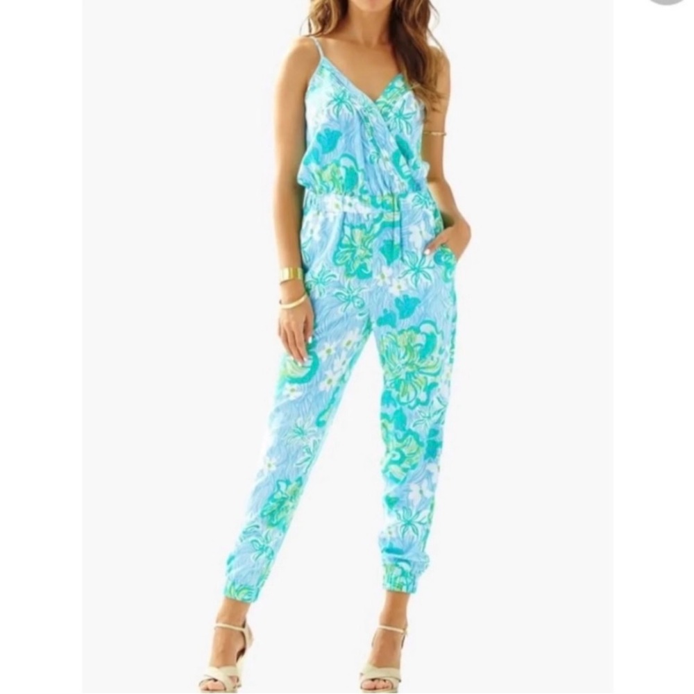 Lilly Pulitzer Aqua and Lime Floral Jumpsuit